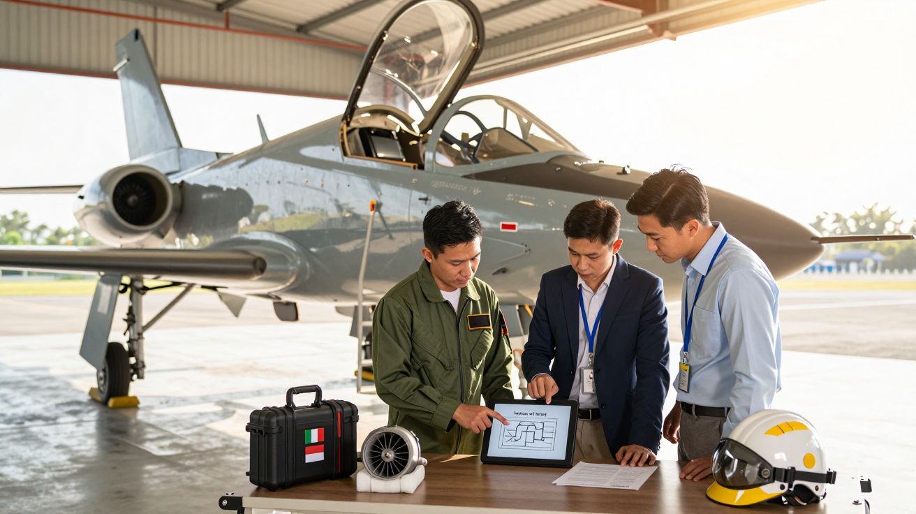 Trzech mężczyzn omawia plan na tablecie obok odrzutowca w hangarze.