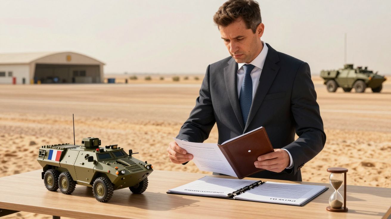 Mężczyzna w garniturze przy stole z dokumentami, modelem pojazdu wojskowego i klepsydrą na pustyni.