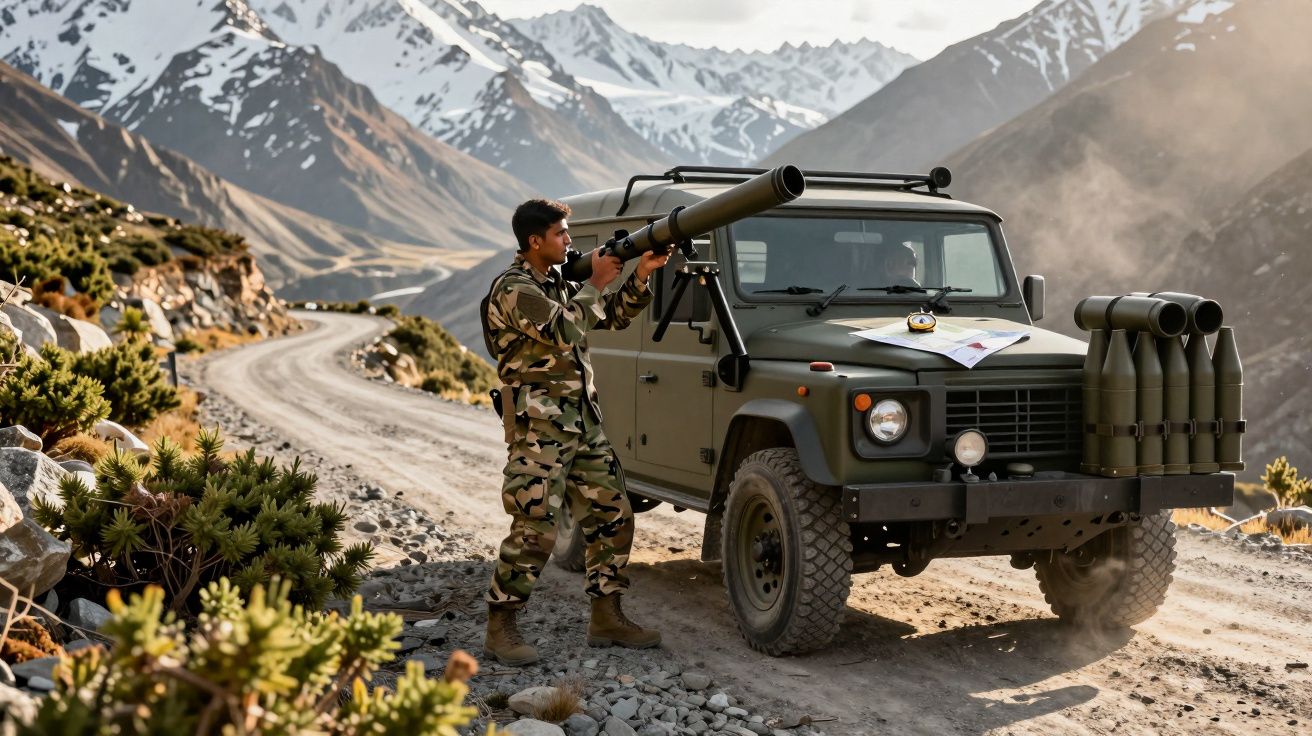 Żołnierz w mundurze celuje z wyrzutni rakiet przy wojskowym jeepie na górskiej drodze wśród zaśnieżonych szczytów.