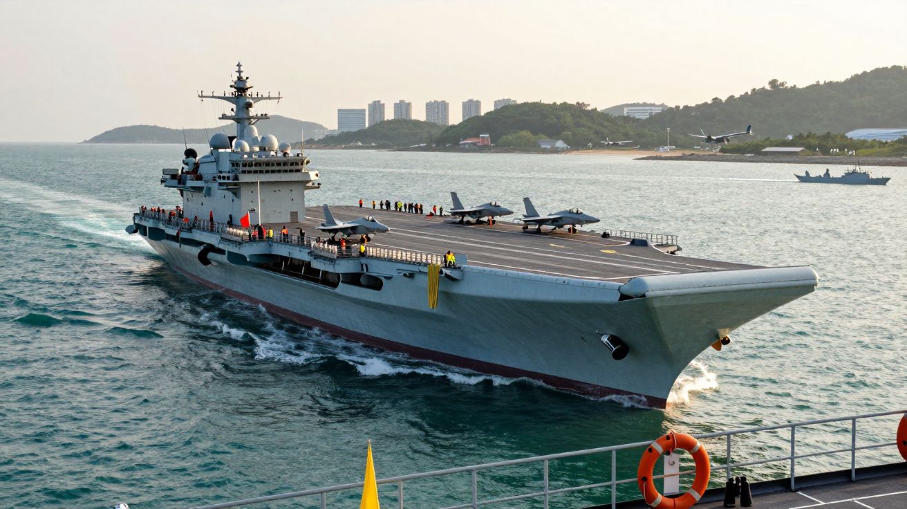 Lotniskowiec płynący na morzu z odrzutowcami na pokładzie, w tle widać wybrzeże i inne jednostki pływające.