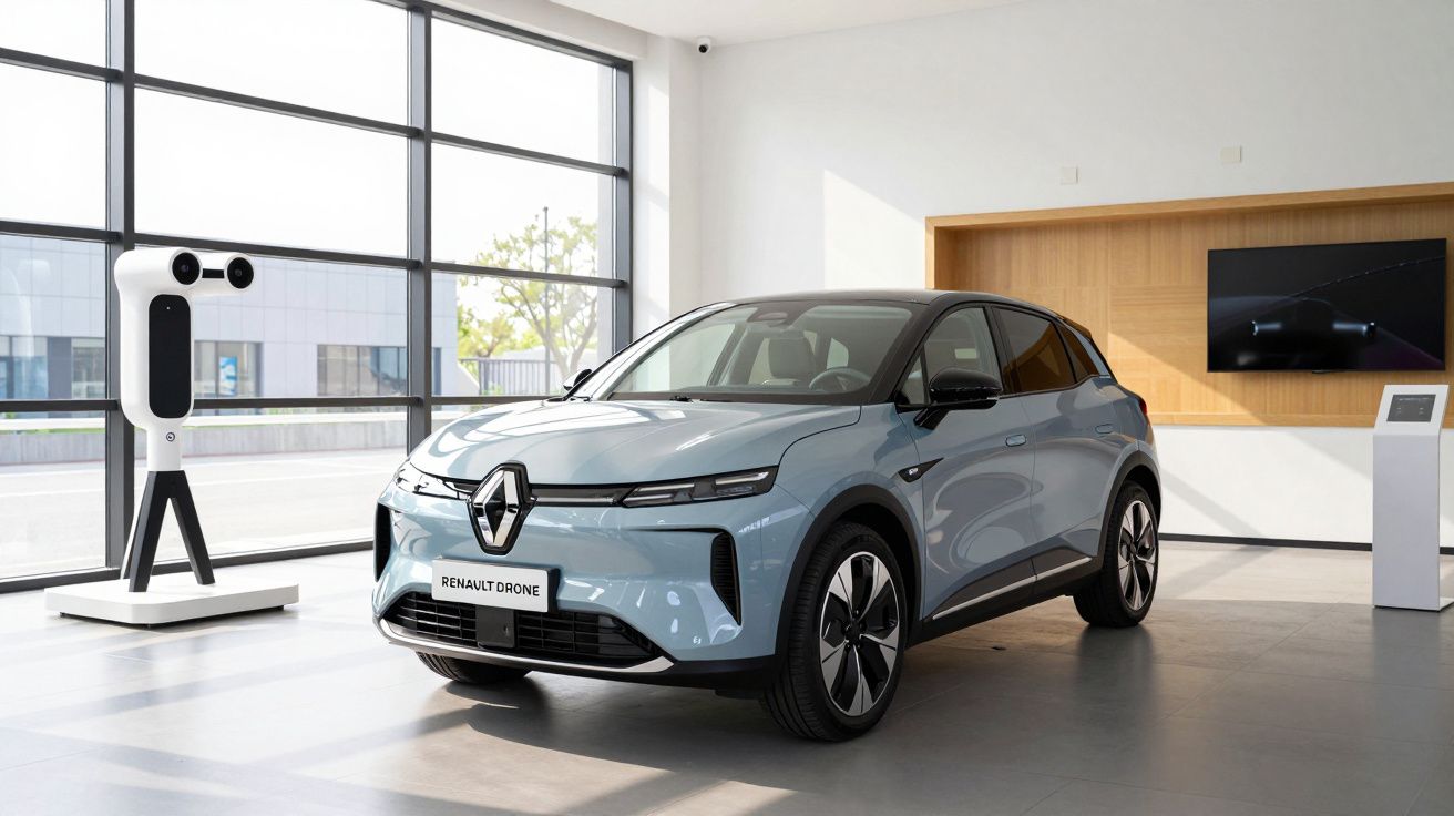 Niebieski samochód elektryczny Renault Megane E-Tech w nowoczesnym salonie wystawowym.