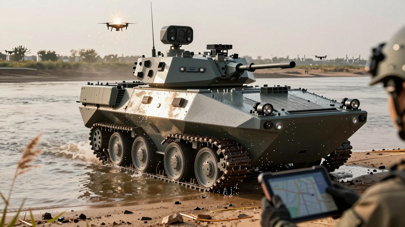 Opancerzony pojazd gąsienicowy wjeżdża do wody, operator trzyma tablet, na niebie kilka dronów.