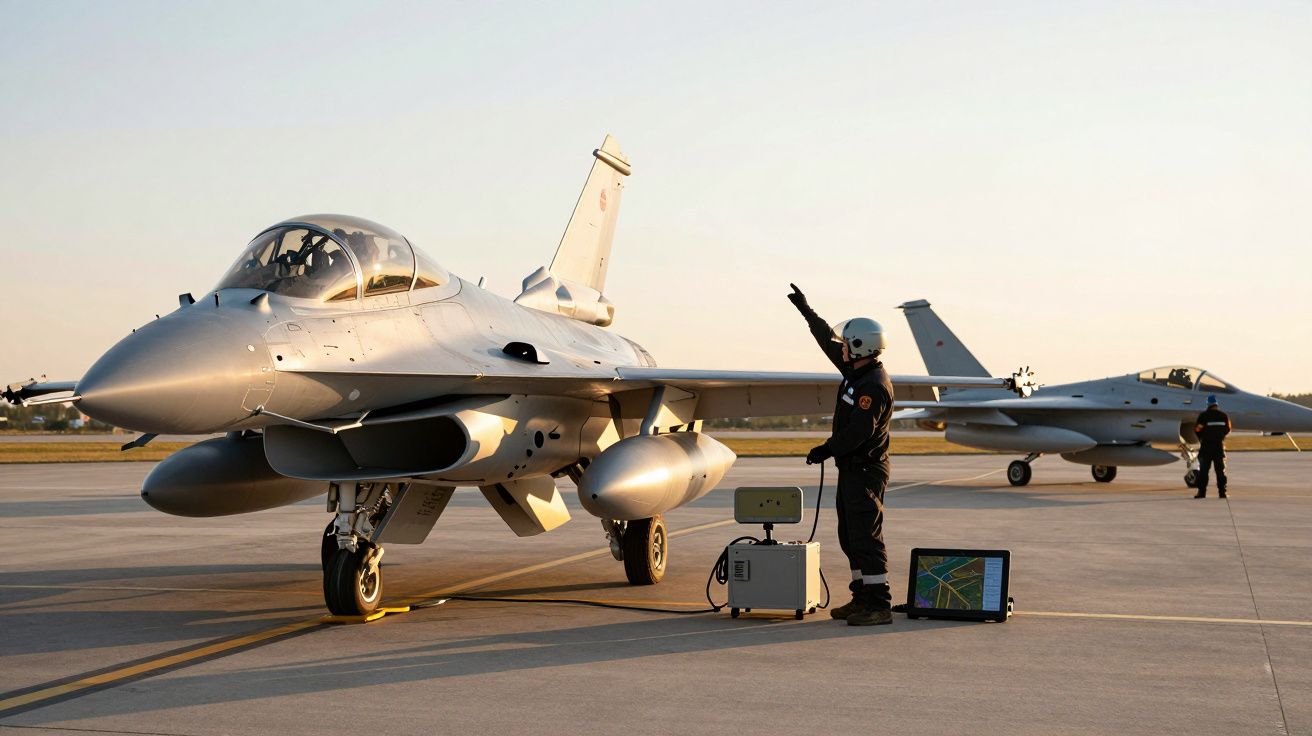 Dwa myśliwce na pasie startowym o zachodzie słońca; obok pracownik kieruje ruchem jednego z nich.