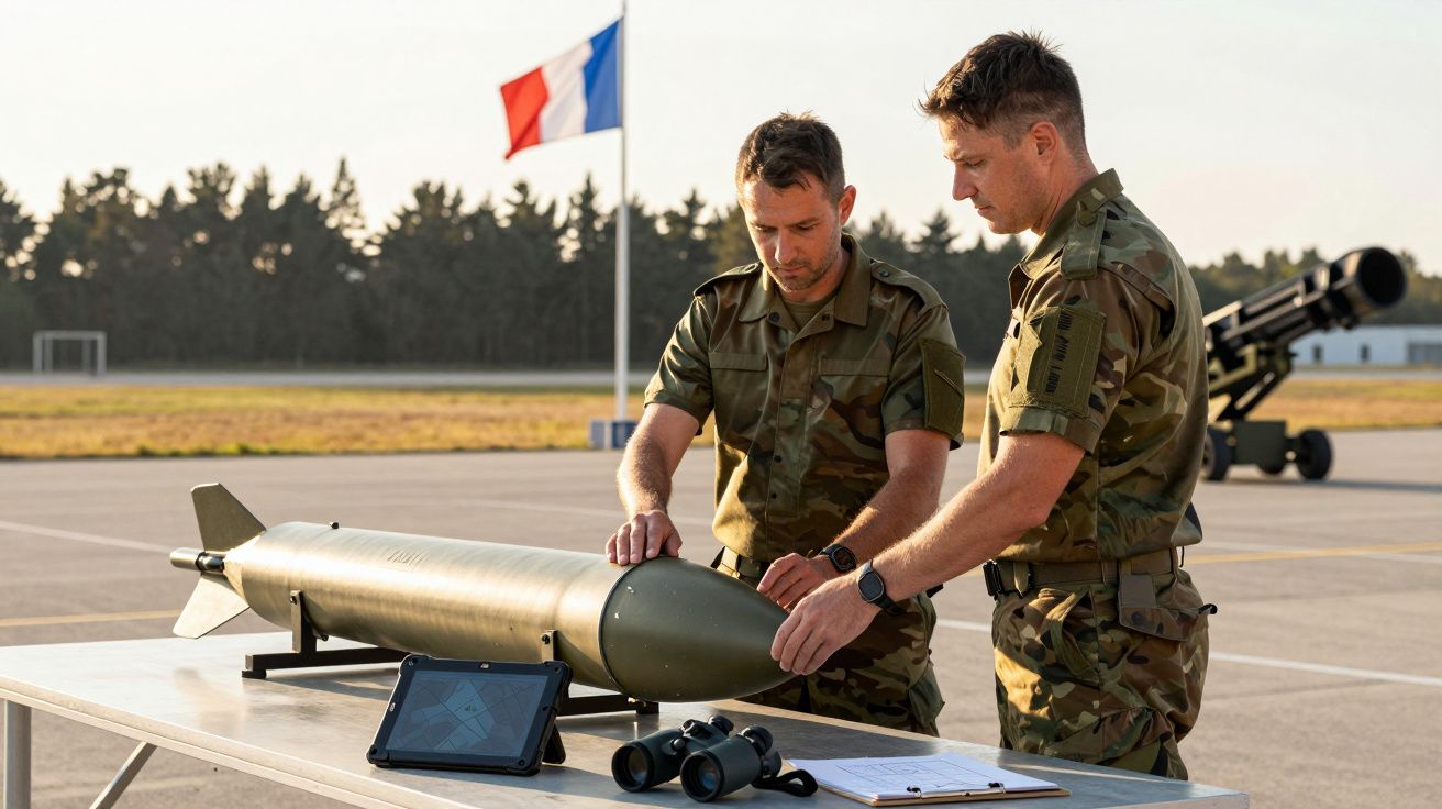Dwaj żołnierze w mundurach oglądają pocisk na stole. W tle francuska flaga, tablet i lornetka.