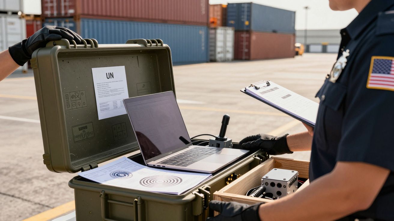Oficer celny przy otwartej walizce z laptopem i dokumentami, w tle kontenery morskie.