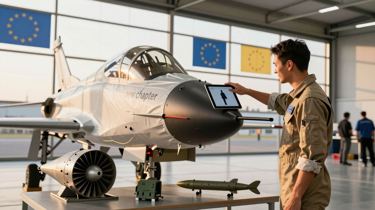 Mężczyzna w hangarze, dotykający ekranu na przodzie samolotu wojskowego. Obok części i amunicja.