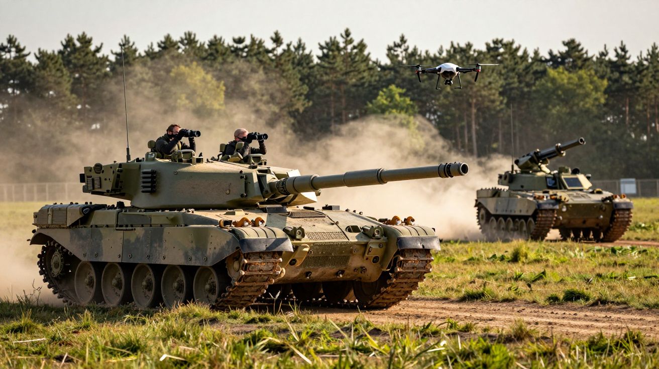 Dwa czołgi na poligonie, w tle drzewa. Nad pierwszym czołgiem unosi się dron.