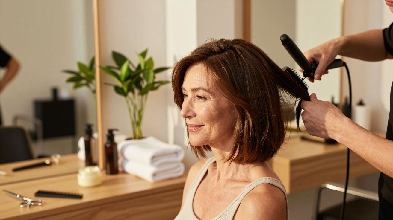 Kobieta z uśmiechem siedzi w salonie fryzjerskim, podczas gdy fryzjer prostuje jej włosy.