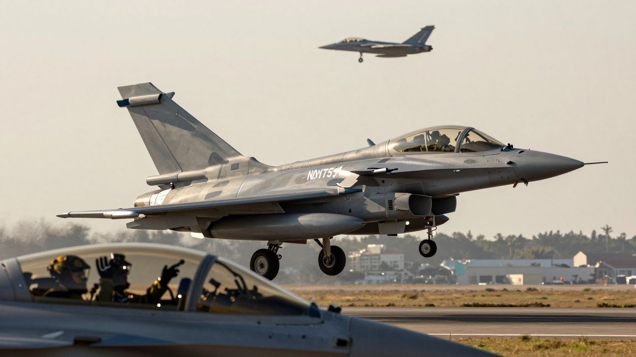 Samolot myśliwski ląduje na pasie startowym, w tle drugi samolot w powietrzu.