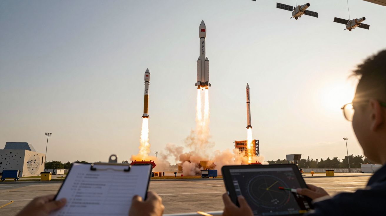 Start rakiety kosmicznej z załogą, z widocznymi kontrolerami na pierwszym planie, na tle jasnego nieba.