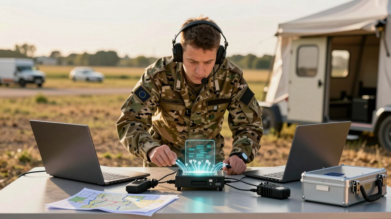 Żołnierz w mundurze, pracujący przy stole z laptopami i mapą na tle namiotu w plenerze.