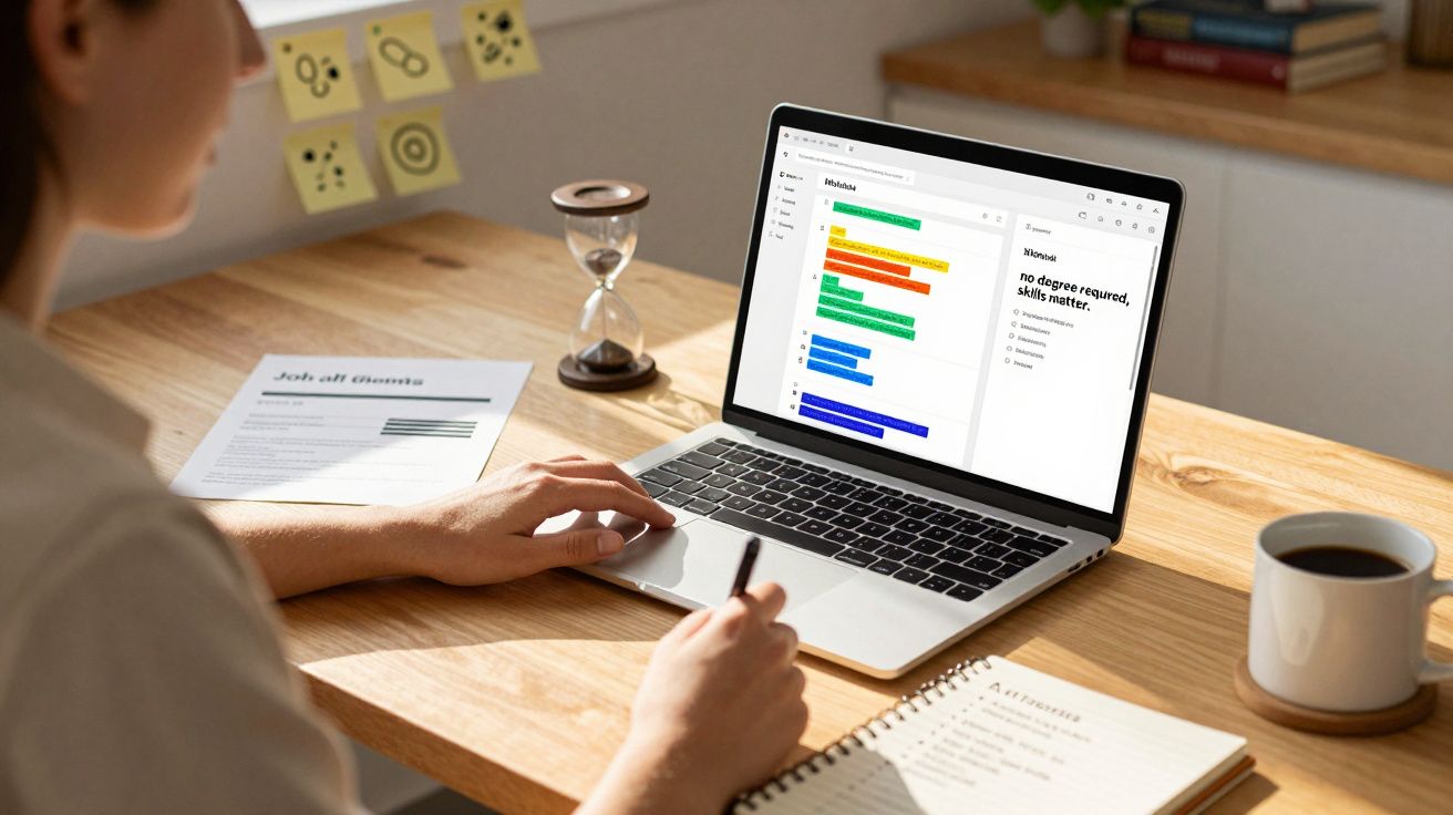 Osoba pracująca przy biurku z laptopem, notesem i klepsydrą, przeglądająca kolorowe wykresy na ekranie.