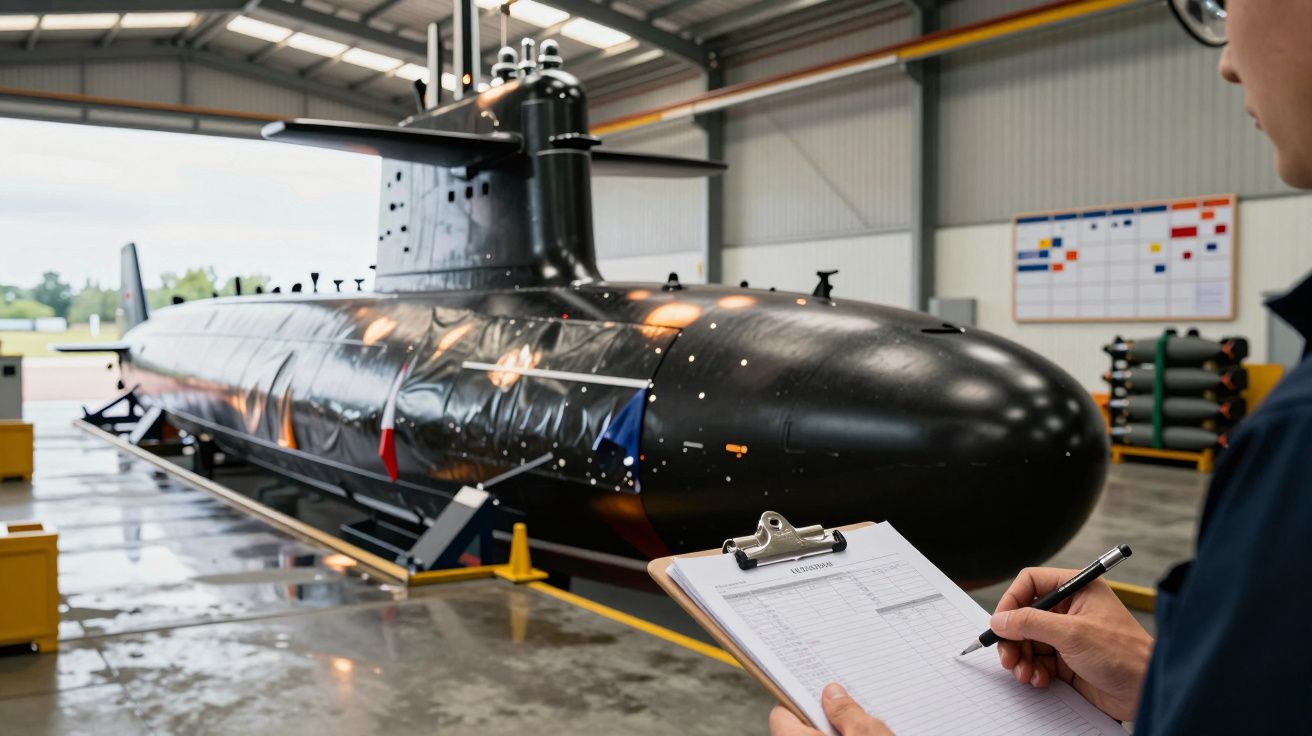 Osoba z clipboardem obserwuje czarną łódź podwodną w hangarze.