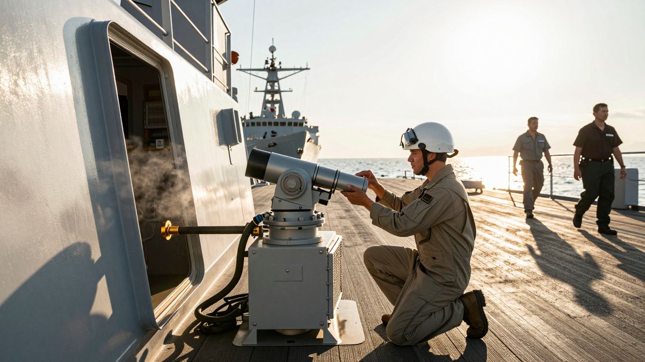 Marynarz obsługuje urządzenie na pokładzie statku, w tle widoczni inni marynarze i zarys okrętu na morzu.