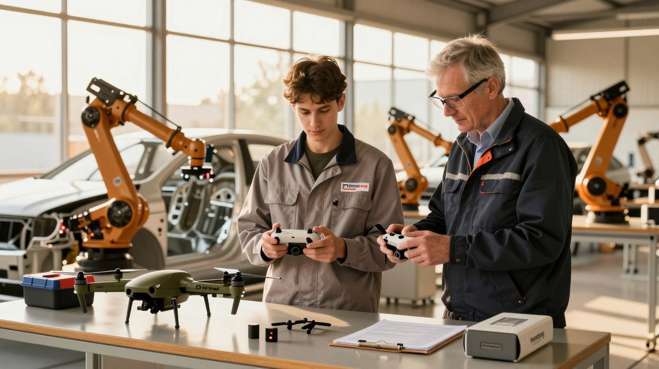 Dwóch mężczyzn w warsztacie testuje kontrolery do drona, w tle roboty przemysłowe i pojazd.