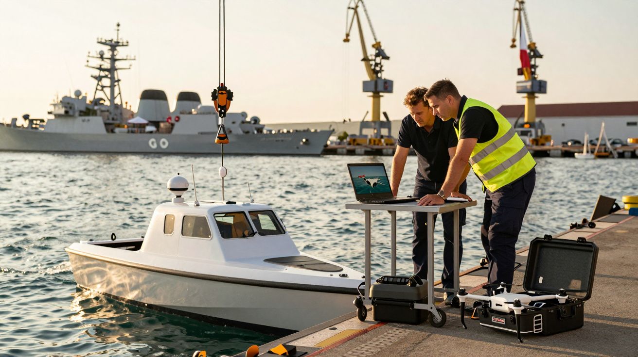 Dwóch mężczyzn przy laptopie na nabrzeżu, obok biały bezzałogowy statek; w tle statek wojskowy i dźwigi.