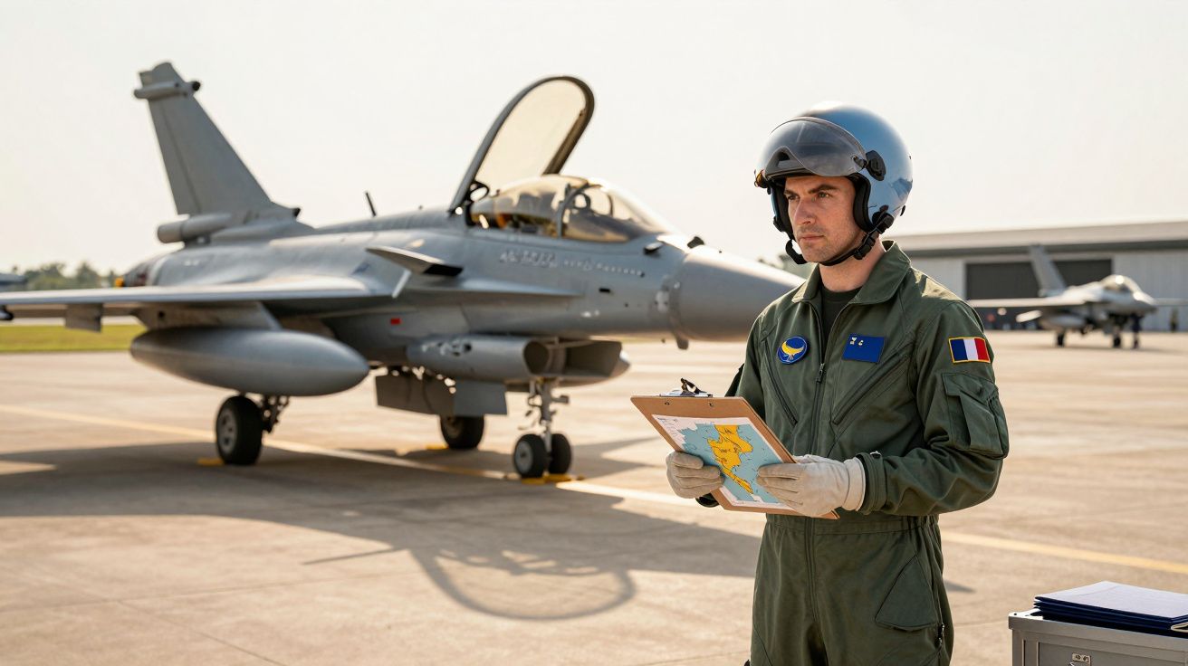 Pilot wojskowy w kombinezonie i hełmie stoi przed myśliwcem na płycie lotniska, trzymając mapę na klipbordzie.