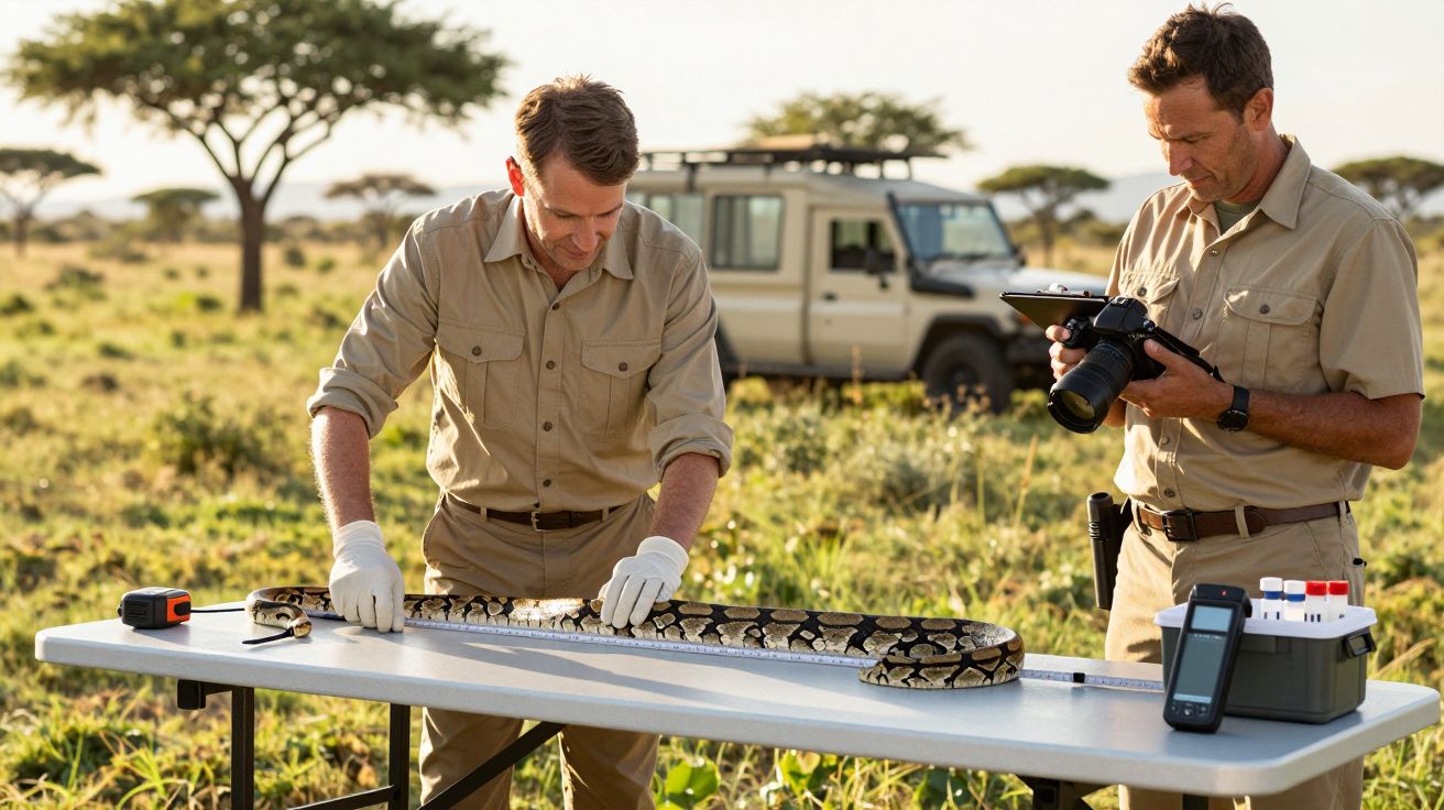 Dwóch mężczyzn w beżowych strojach bada węża na stole w plenerze, w tle widoczny samochód terenowy.