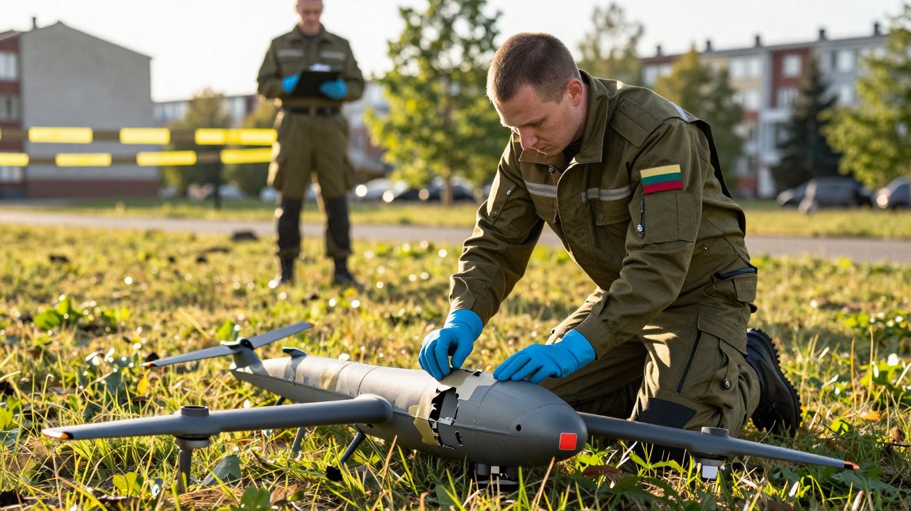 Żołnierz w rękawiczkach naprawiający drona na trawie, w tle drugi żołnierz z notatnikiem.