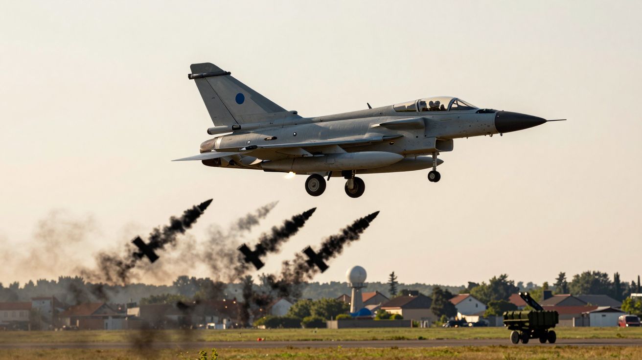 Myśliwiec w locie, odpalający pociski nad lotniskiem; w tle zabudowania i niebo.
