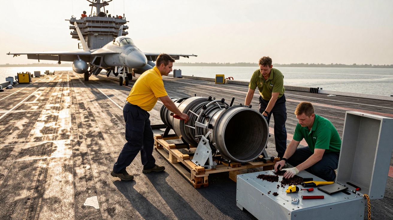 Trzech mężczyzn pracuje na pokładzie lotniskowca przy dużym cylindrycznym elemencie, w tle myśliwiec.
