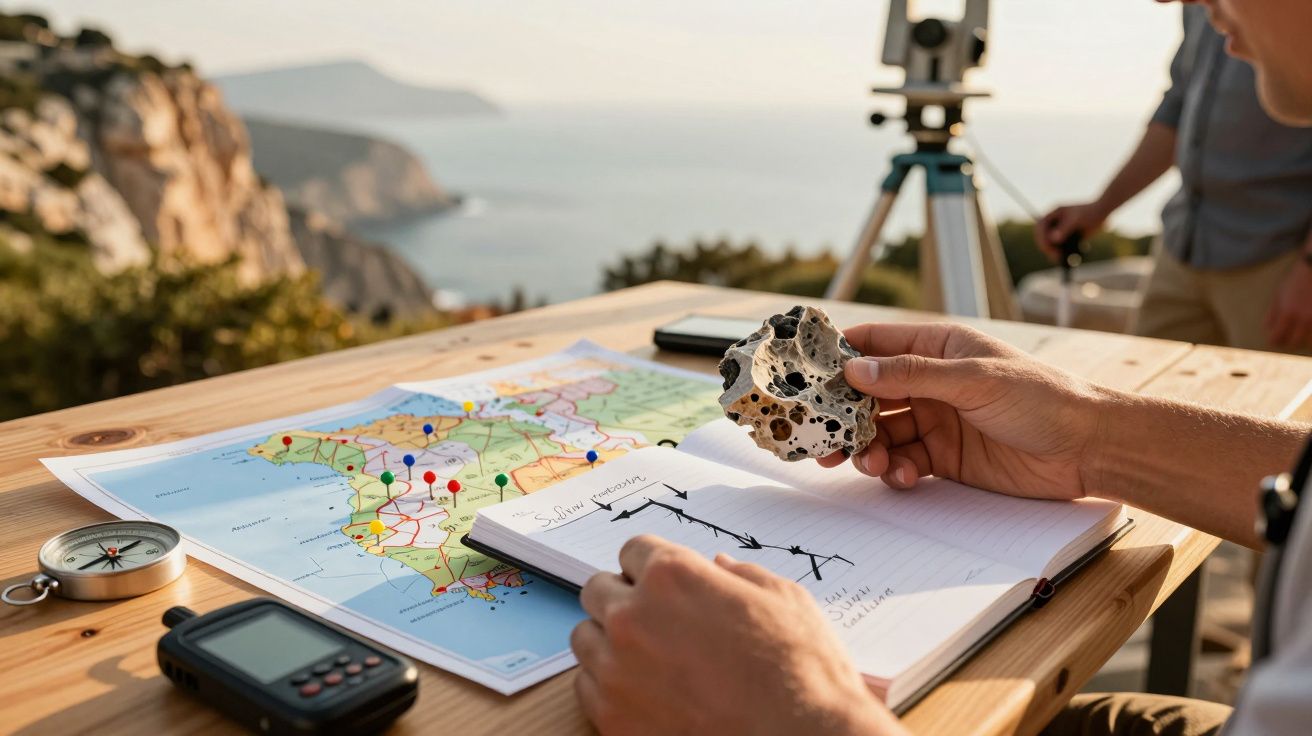 Osoba trzymająca kamień i notes z wykresem, obok mapa, kompas, dalmierz, na tle klifów i morza.