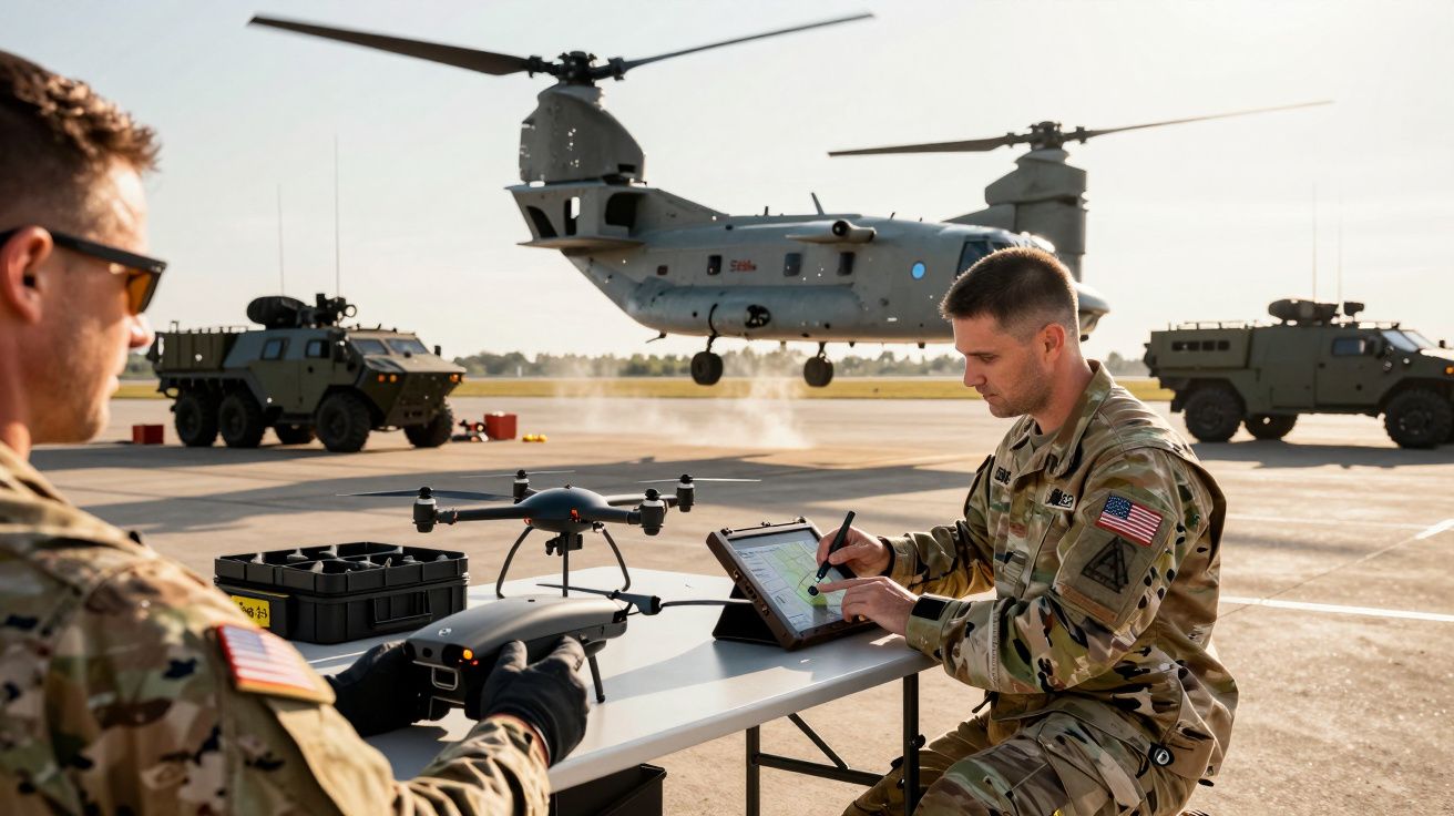 Żołnierze obsługują drona przy stole na lotnisku, w tle śmigłowiec CH-47 Chinook na ziemi i pojazdy wojskowe.