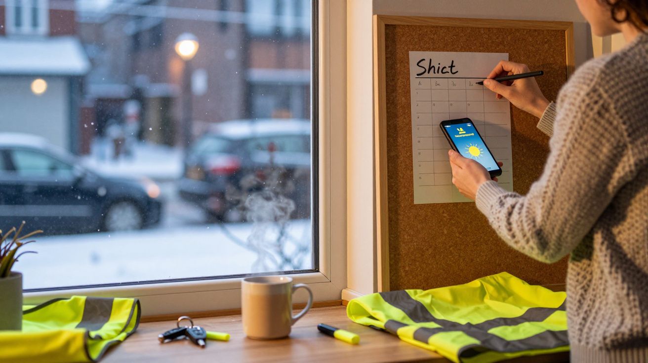 Osoba przy tablicy z harmonogramem, trzyma telefon. Na stole kubek, kamizelka odblaskowa, klucze. Za oknem zimowy krajobraz.