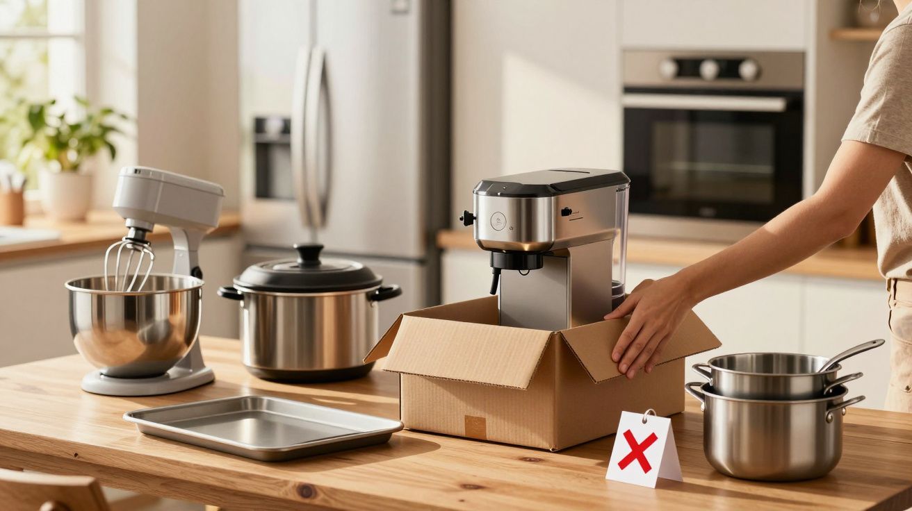 Osoba wyciąga ekspres do kawy z pudełka na blacie kuchennym. Obok znajdują się mikser, garnki i patelnia.
