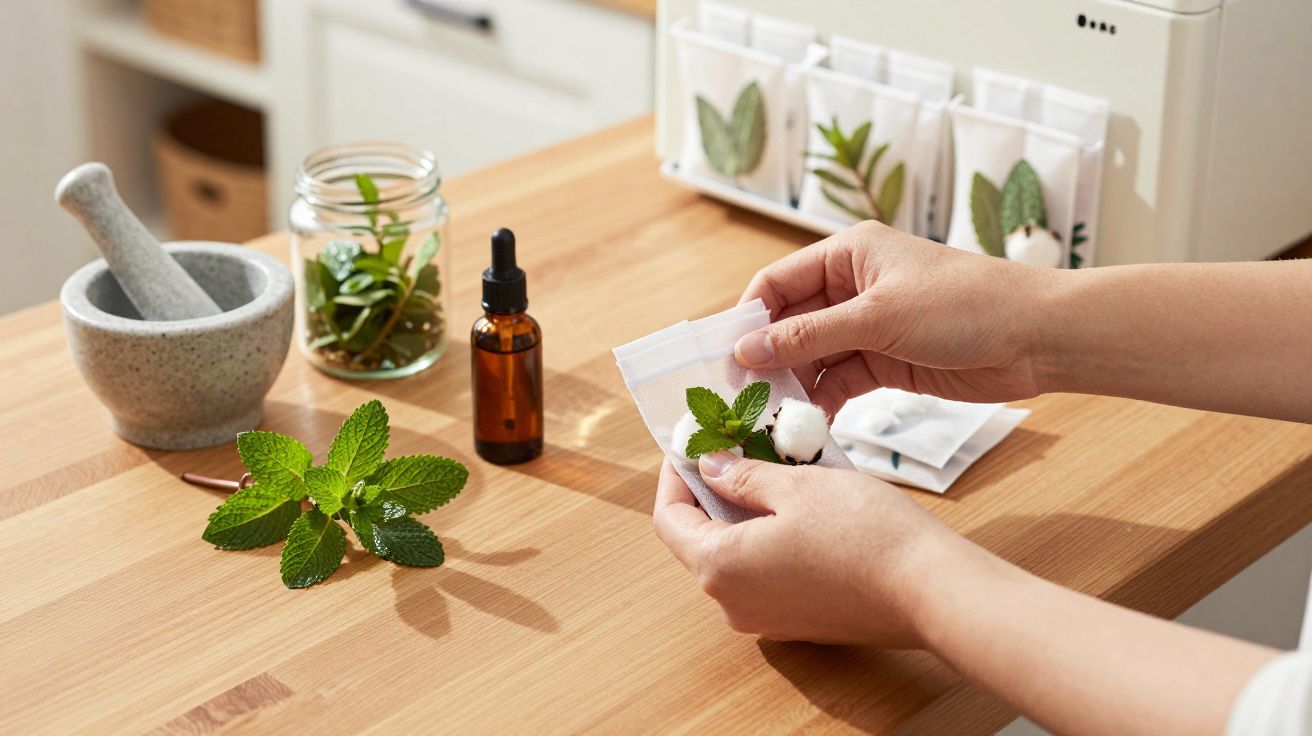 Osoba trzyma kopertę z ziołami na drewnianym blacie, obok moździerz, słoik z ziołami i buteleczka z kroplomierzem.