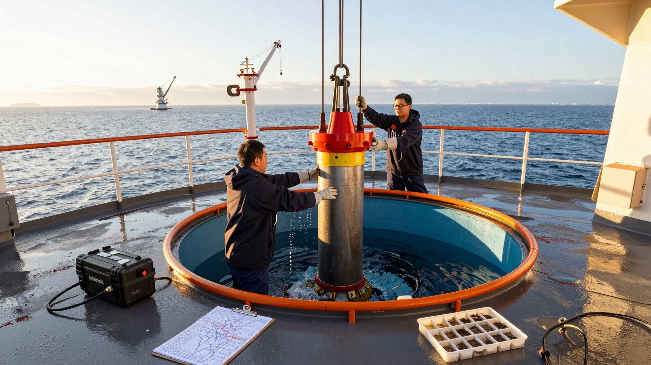 Dwóch mężczyzn na pokładzie statku wykonujących prace przy sprzęcie naukowym nad oceanem.