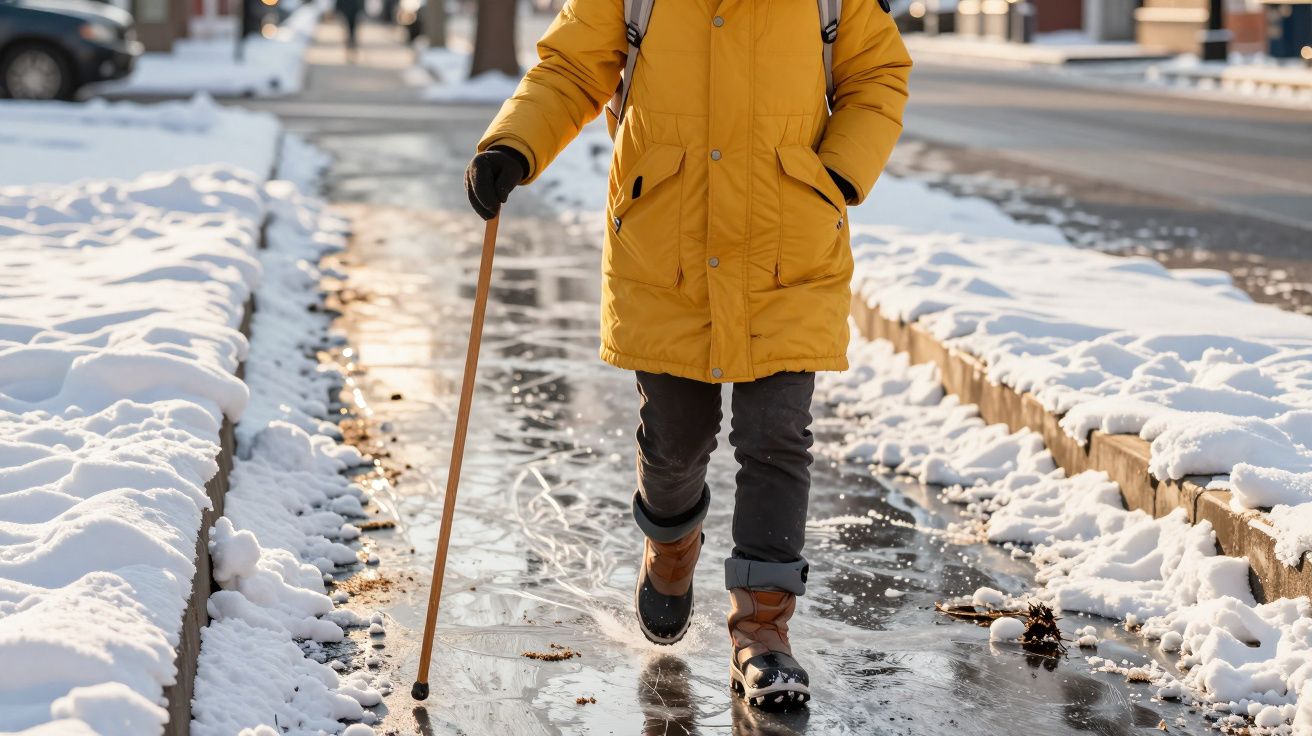 Osoba w żółtej kurtce idzie po oblodzonym chodniku z laską, śnieg po bokach.