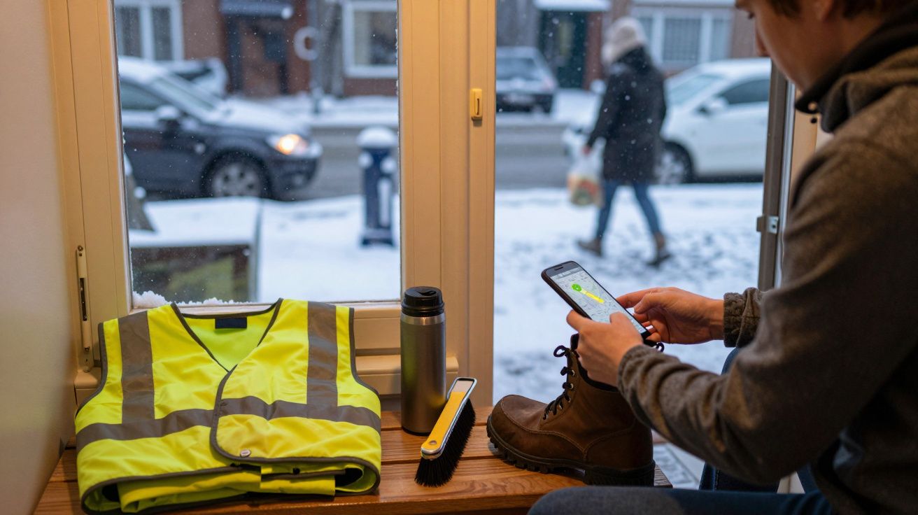 Osoba siedząca przy oknie ze smartfonem w ręku. Na parapecie kamizelka odblaskowa, termos i szczotka.