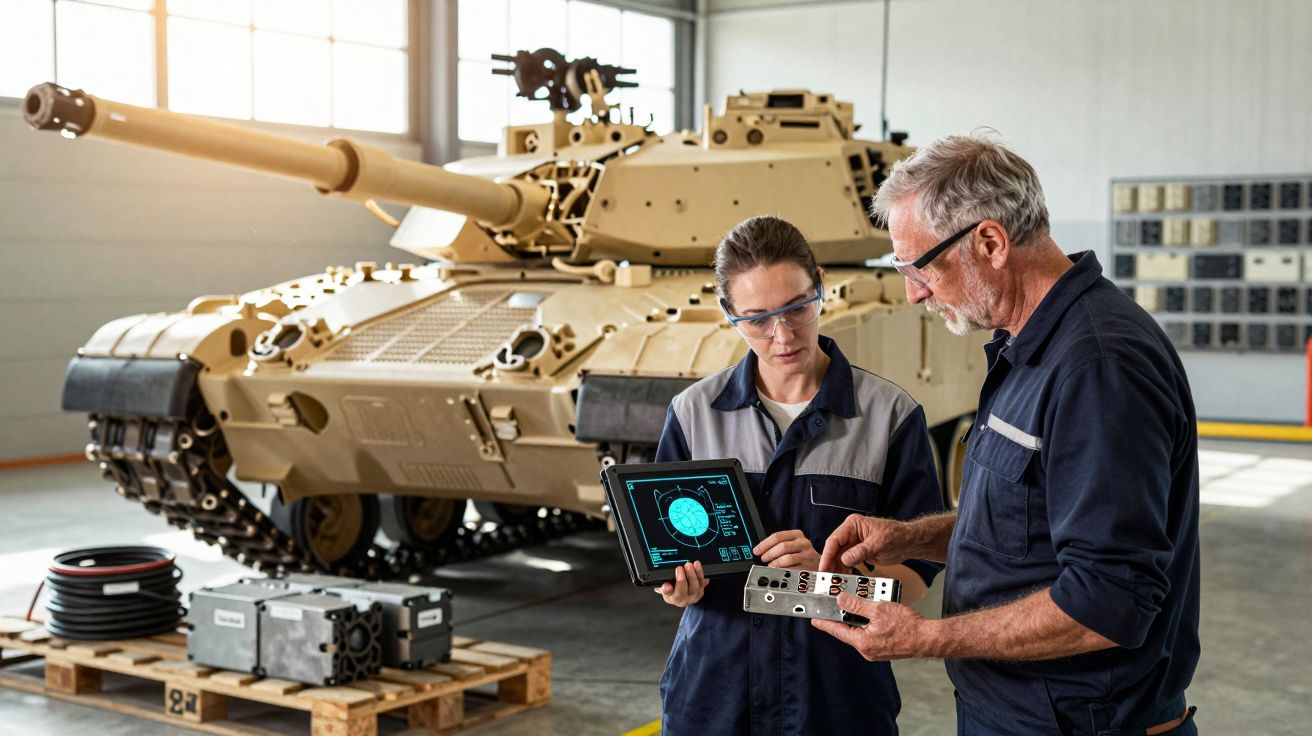 Dwoje techników analizuje dane na tablecie przed czołgiem w warsztacie.