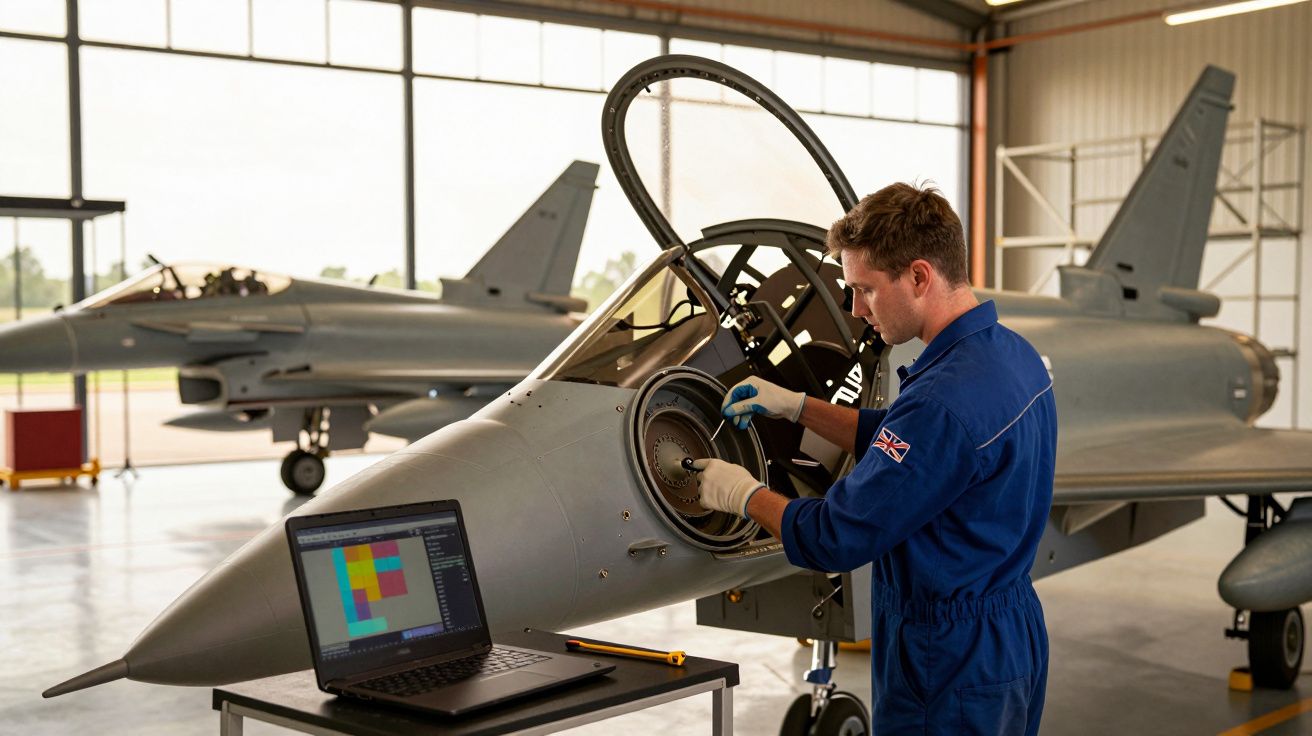 Technik w kombinezonie roboczym pracuje przy myśliwcu w hangarze, używając laptopa. W tle inny myśliwiec.