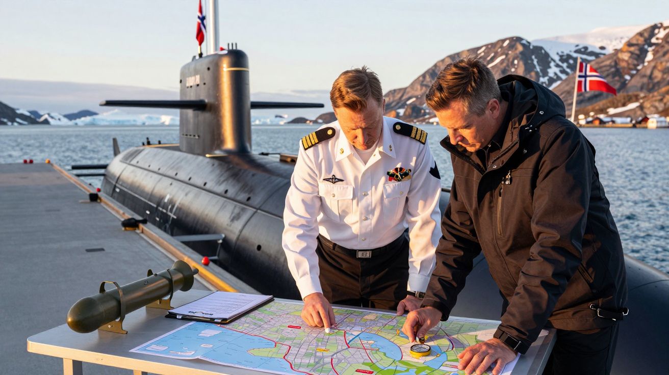 Dwóch mężczyzn przy mapie na tle okrętu podwodnego w norweskim fiordzie.