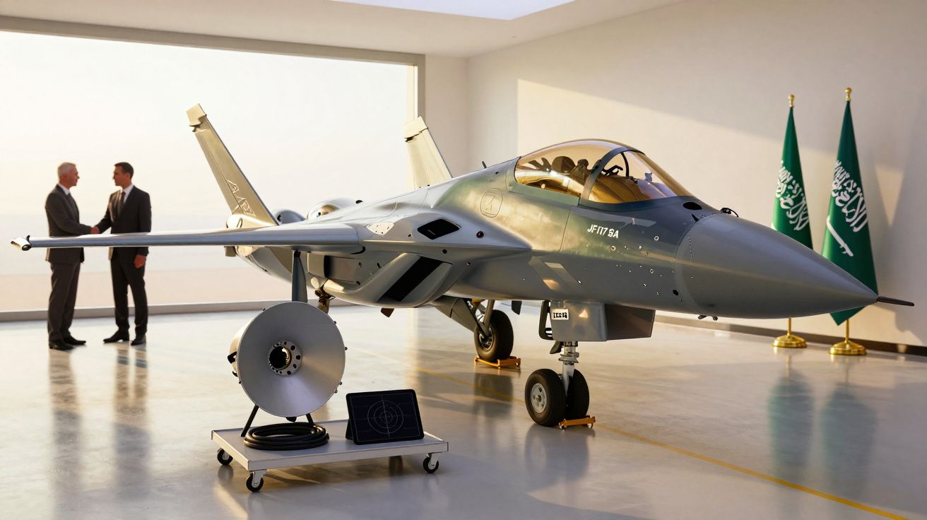 Myśliwiec JF-17 w hangarze z dwoma rozmówcami w tle, obok flagi Arabii Saudyjskiej.