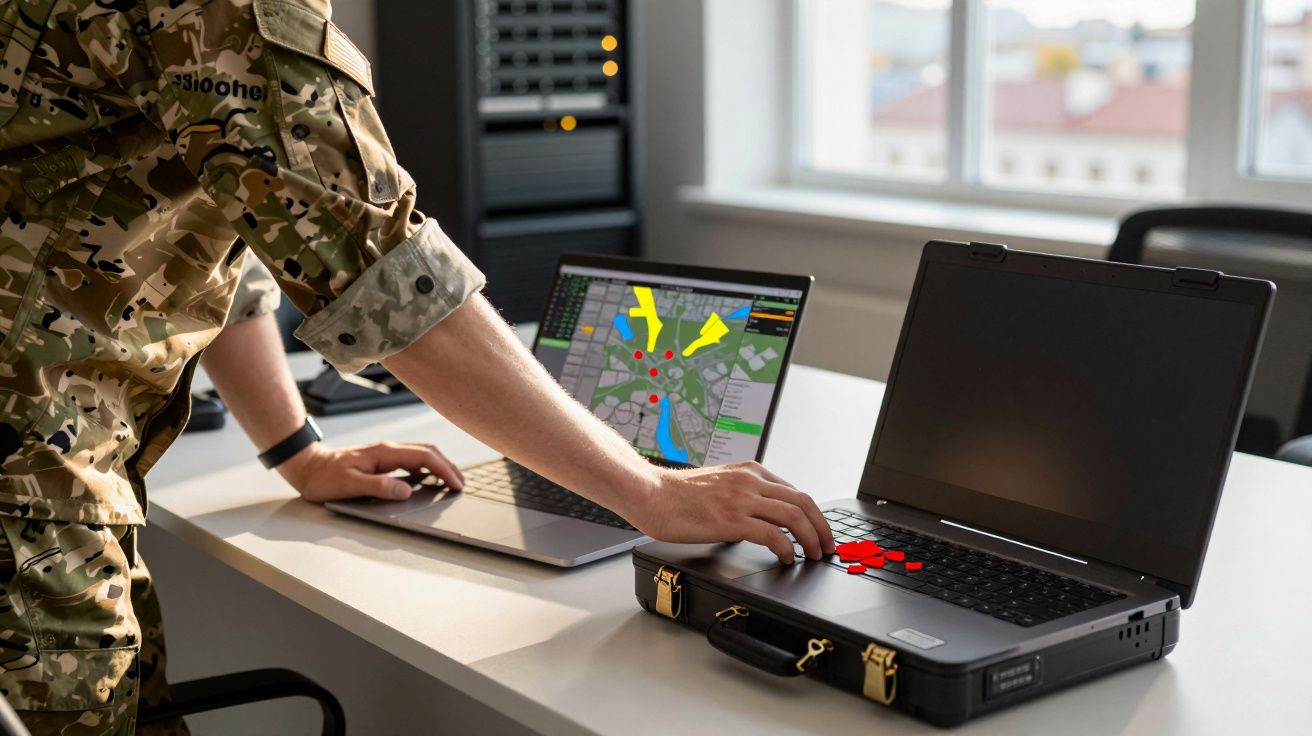 Żołnierz w mundurze przy biurku korzysta z laptopa z mapą na ekranie w jasnym biurze.