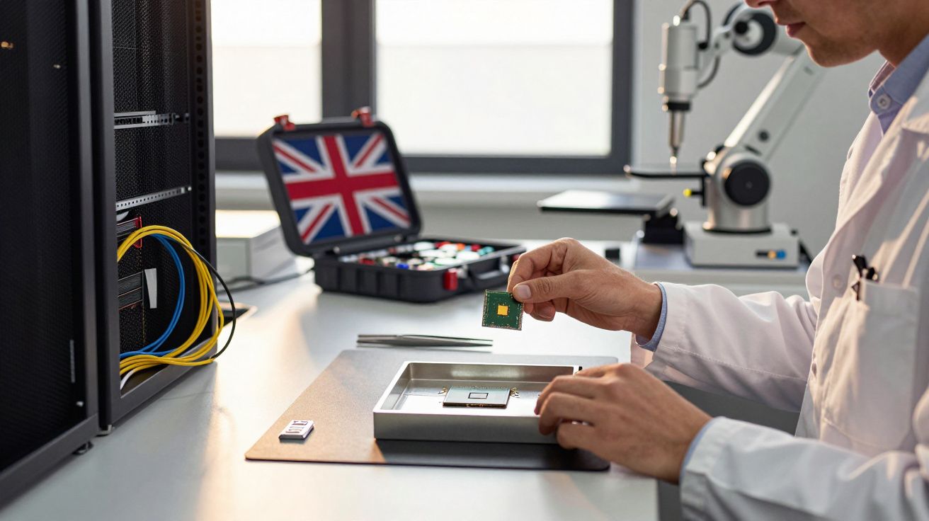 Naukowiec trzymający mikroprocesor w laboratorium, z brytyjską walizką i mikroskopem w tle.