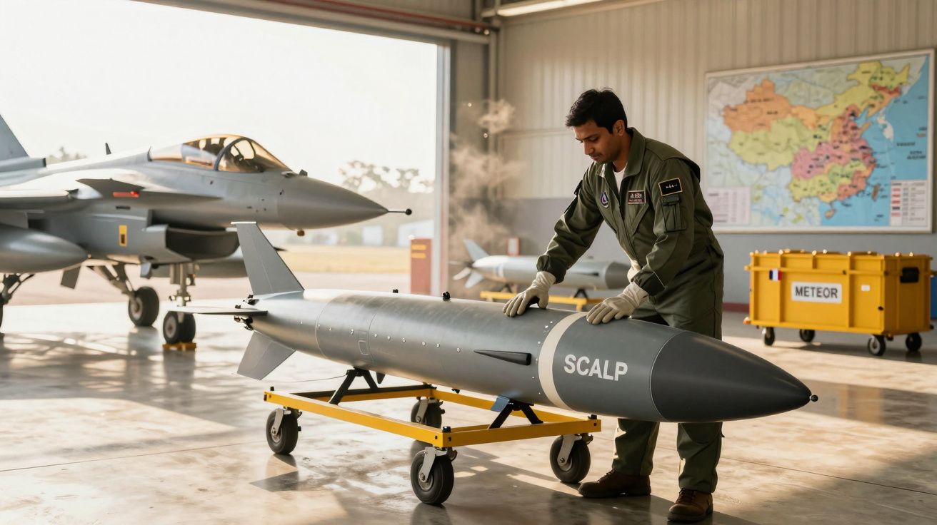 Mężczyzna w mundurze wojskowym obsługuje pocisk SCALP w hangarze, obok stoi myśliwiec.