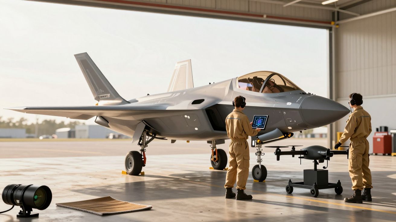 Dwóch techników w kombinezonach serwisuje nowoczesny myśliwiec w hangarze lotniczym, korzystając z tabletu.