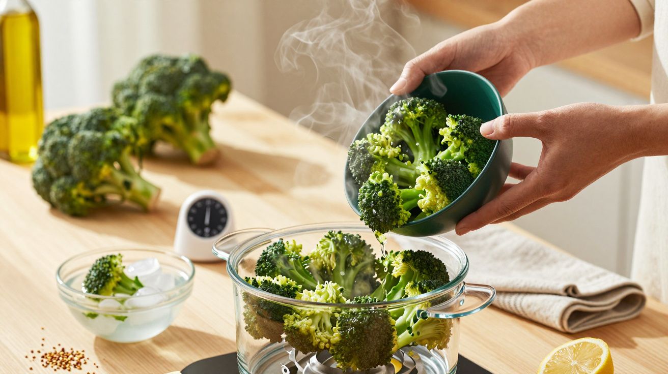 Osoba doda gotowane brokuły do szklanej miski na parze, obok zegar kuchenny i oliwa na drewnianym blacie.