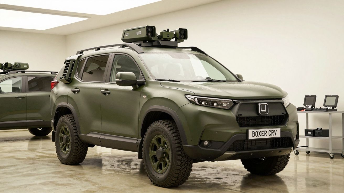 Zielony SUV wojskowy Boxer CRV z wyposażeniem na dachu stoi w jasnym pomieszczeniu.