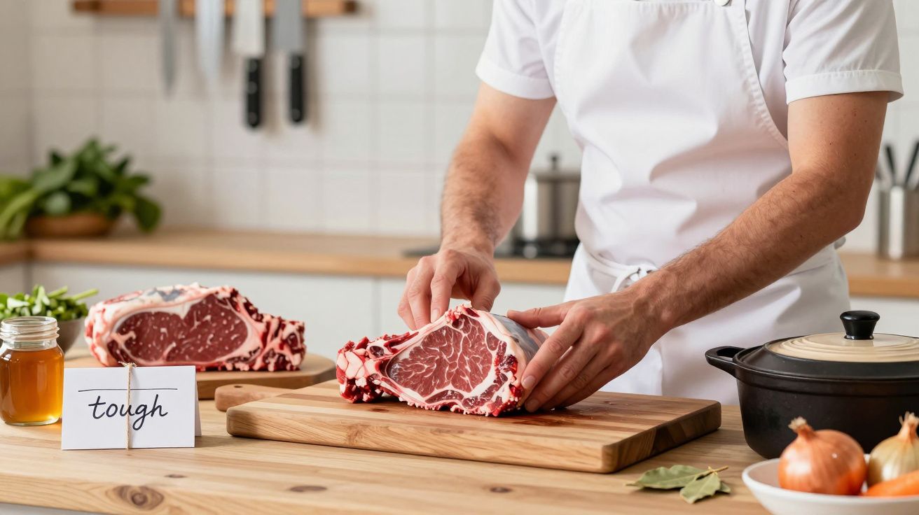 Osoba w białym fartuchu kroi surową wołowinę na desce w kuchni, obok stoi kartka z napisem "tough".