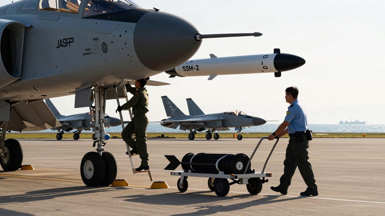 Mężczyzna wspina się do samolotu wojskowego na lotnisku, inny ciągnie wózek z narzędziami.