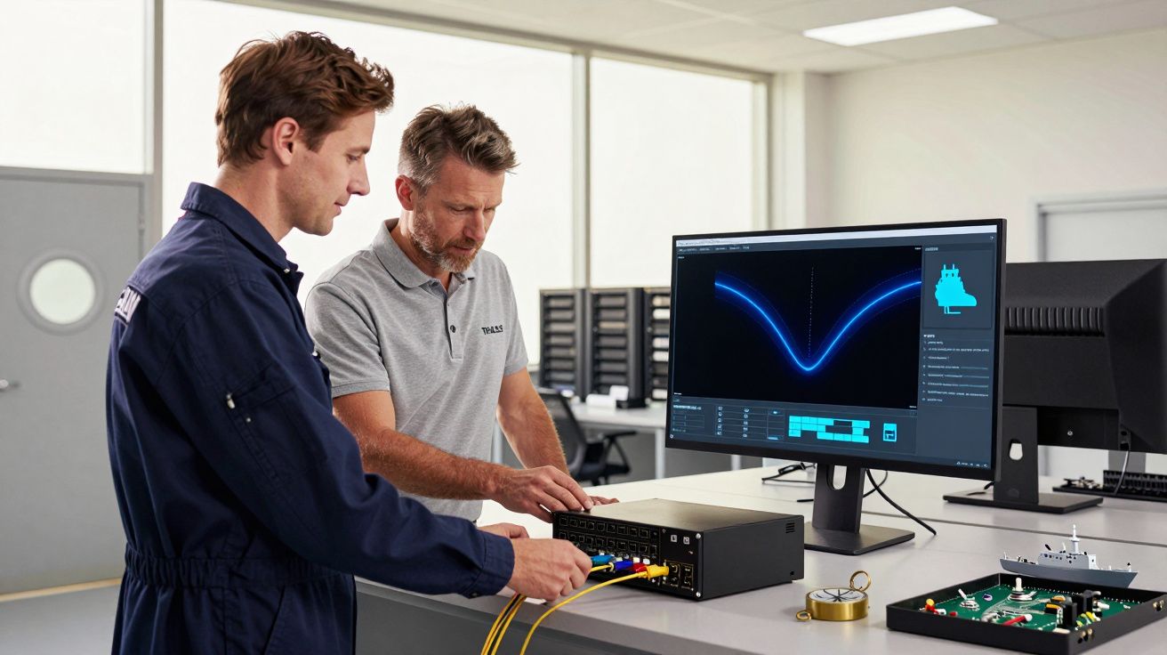 Dwóch mężczyzn pracuje przy urządzeniu elektronicznym przed monitorem z wykresem w laboratorium inżynieryjnym.