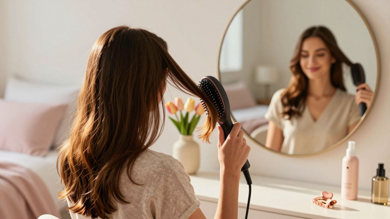 Kobieta stylizująca włosy szczotką elektryczną przed lustrem w jasnym pokoju, obok wazonu z tulipanami.