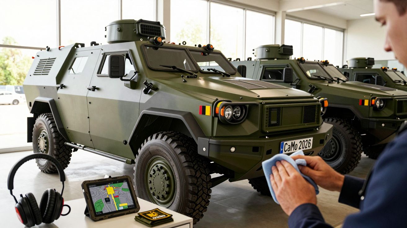 Mężczyzna poleruje pojazd opancerzony w zielonym kolorze, obok którego na stole leżą słuchawki i tablet.