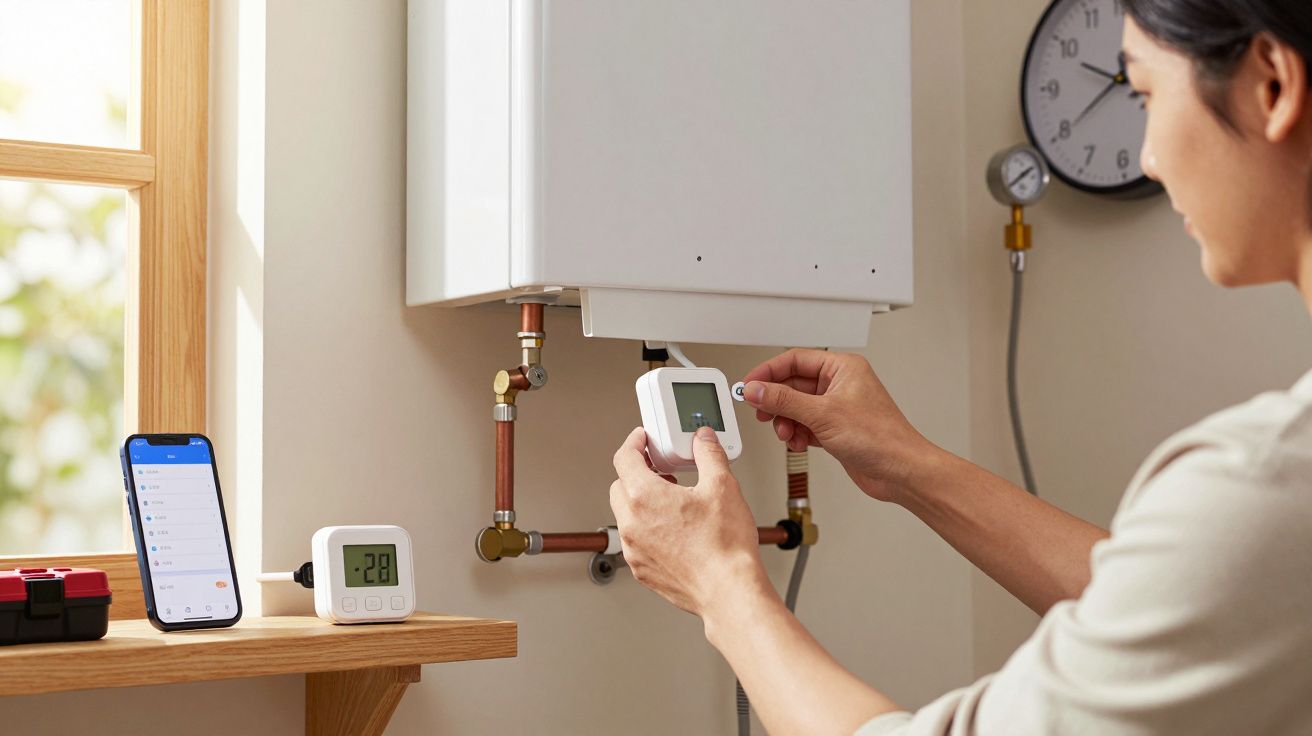 Osoba ustawia termostat podłączony do kotła gazowego, obok leży smartfon z otwartą aplikacją i miernik temperatury.