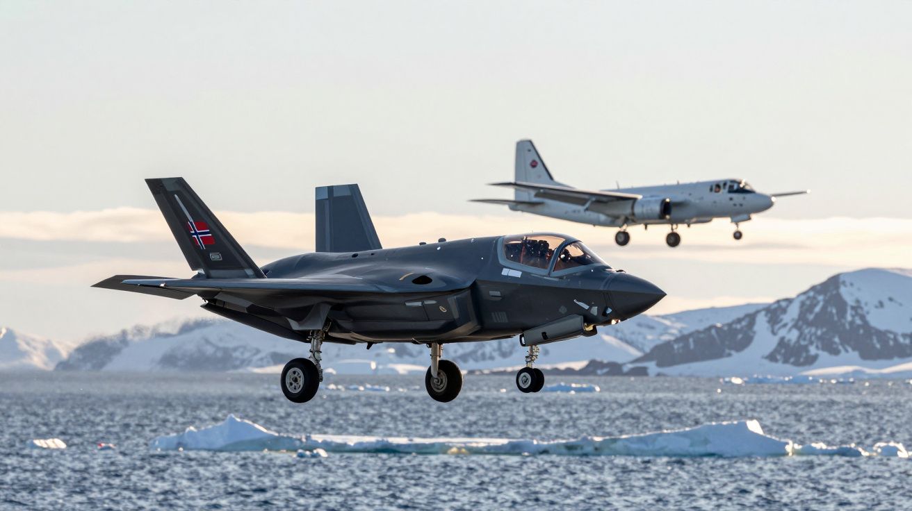 Dwa myśliwce wojskowe nad lodowym krajobrazem, z górami w tle i morzem w tle.